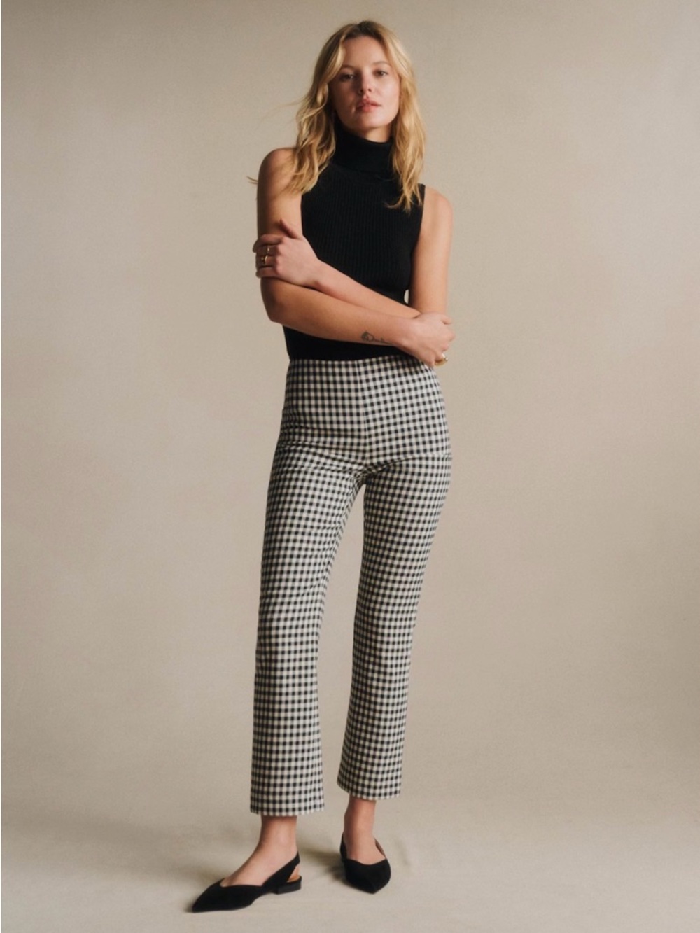 Sezane Clara High-Rise Gingham Slim Crop Pants - Black & White